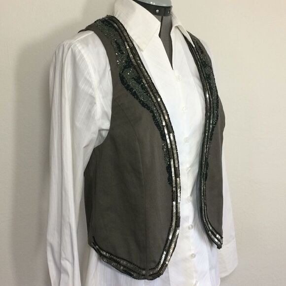 MNG Mango Sequin Bead Embellished Olive Green  Cotton Canvas Vest NEW - Picture 1 of 8